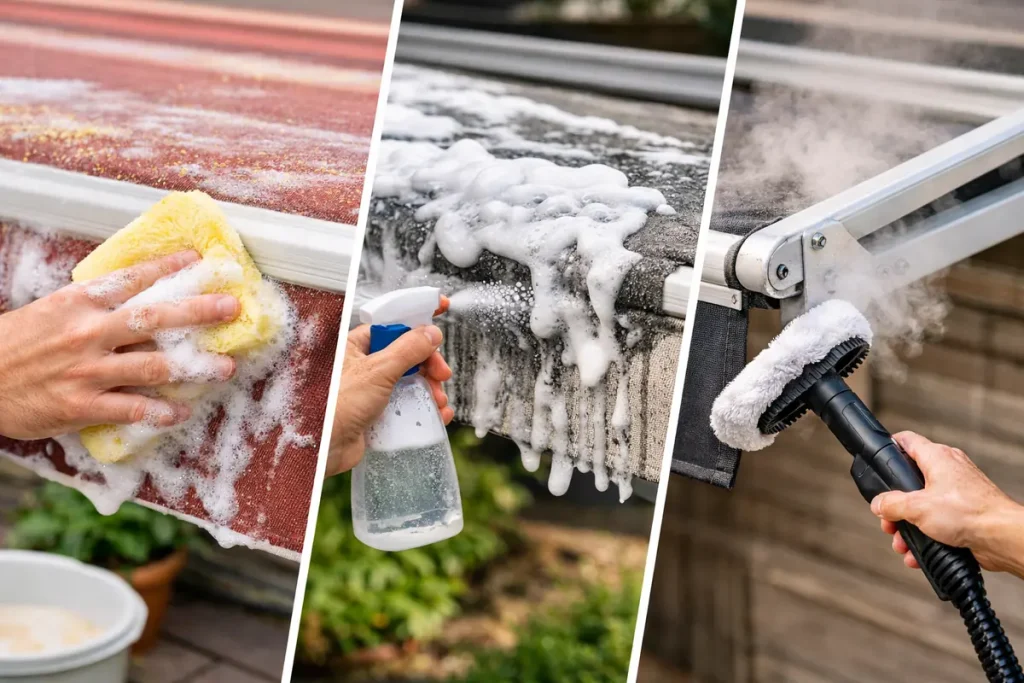 Mousse active, savon doux, vapeur, choisir selon la saleté pour nettoyer un store banne