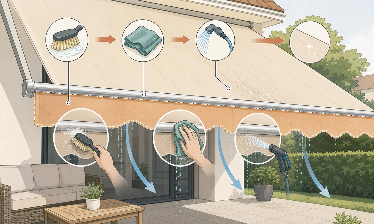 Infographie illustrée du nettoyage du bord bas d’un store banne