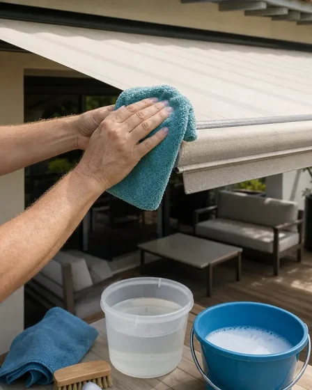 Nettoyage d’un store banne avec deux seaux et une microfibre