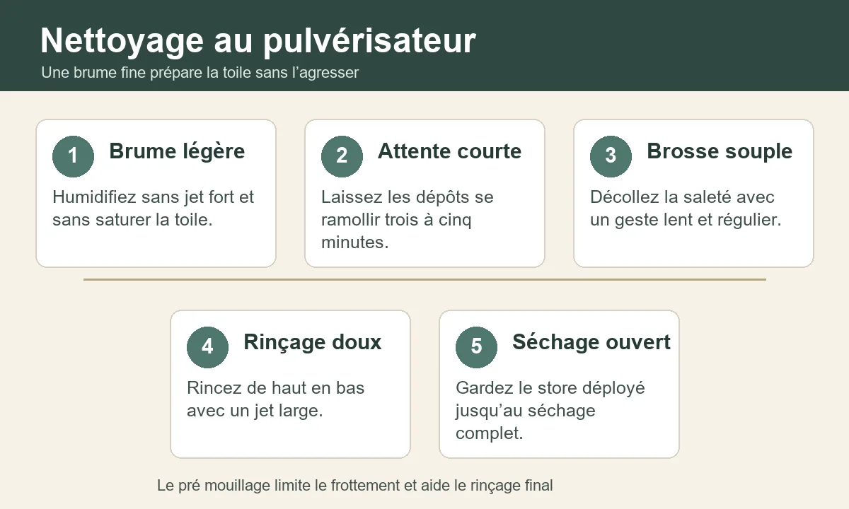 Infographie sur le pré mouillage au pulvérisateur pour nettoyer un store banne