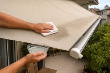 Nettoyage store banne avec compresse humide sur une tache de toile