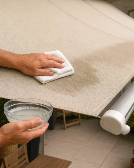 Nettoyage store banne avec compresse humide sur une tache de toile