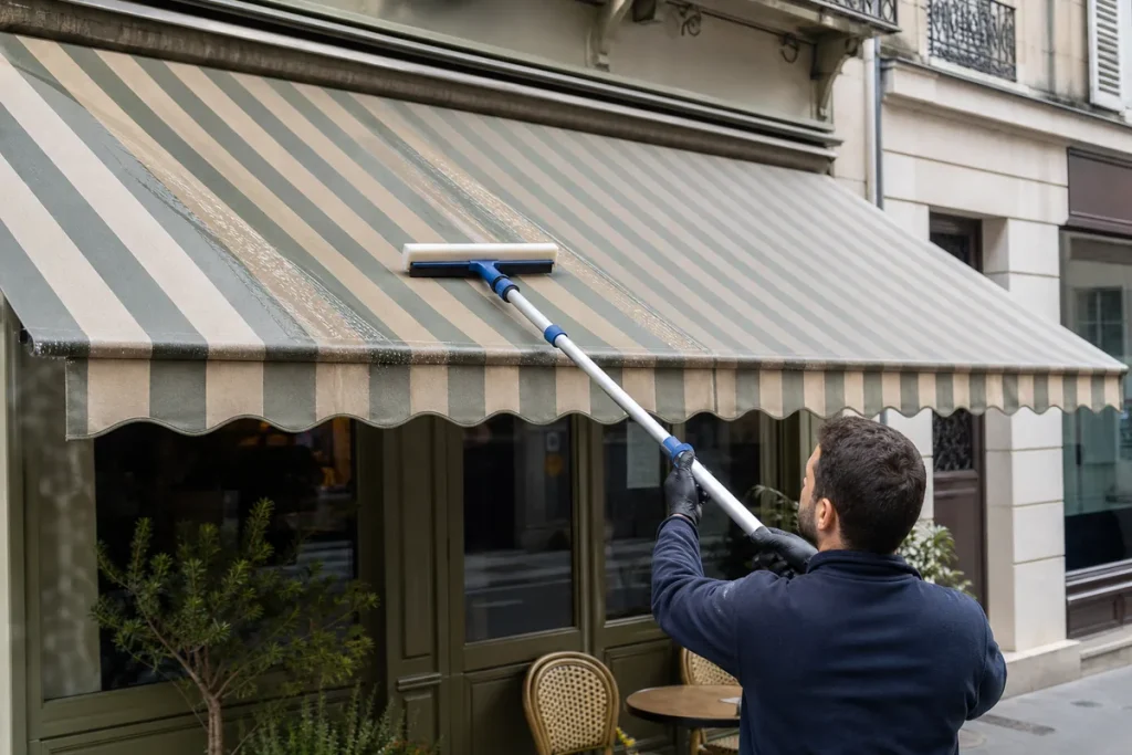 Nettoyage de store banne avec une raclette souple sur toile rayée