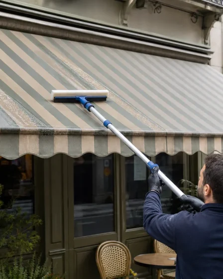 Nettoyage de store banne avec une raclette souple sur toile rayée