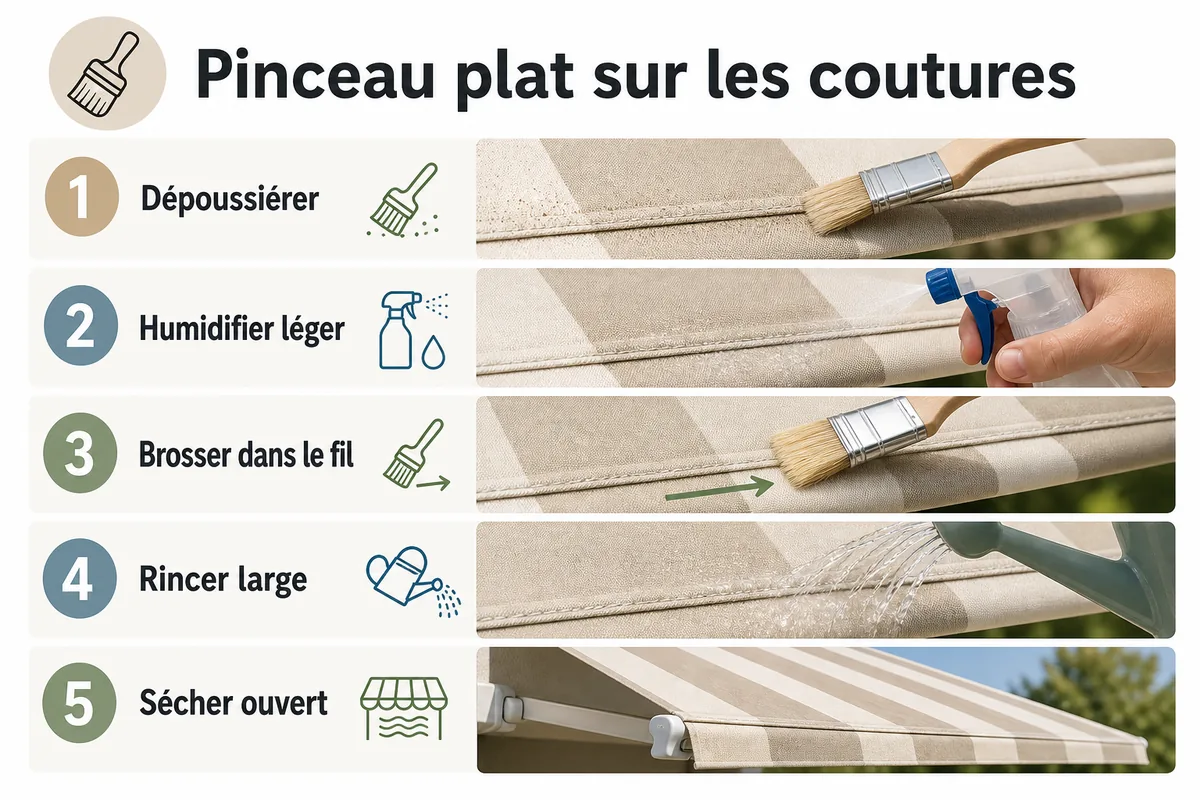 Infographie sur le nettoyage des coutures de store banne avec un pinceau plat
