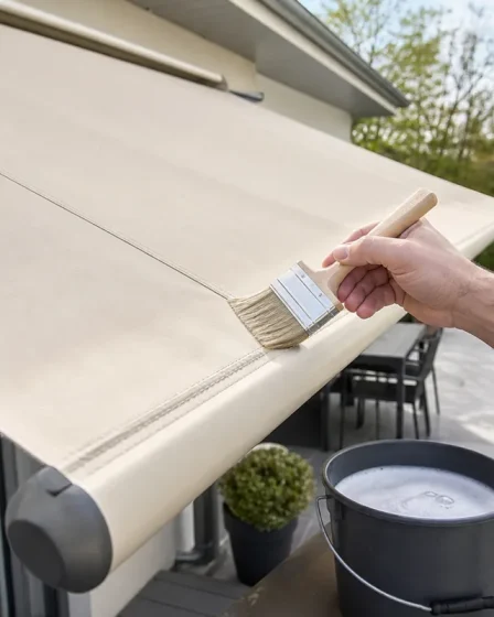 Nettoyage d’un store banne avec un pinceau plat sur les coutures