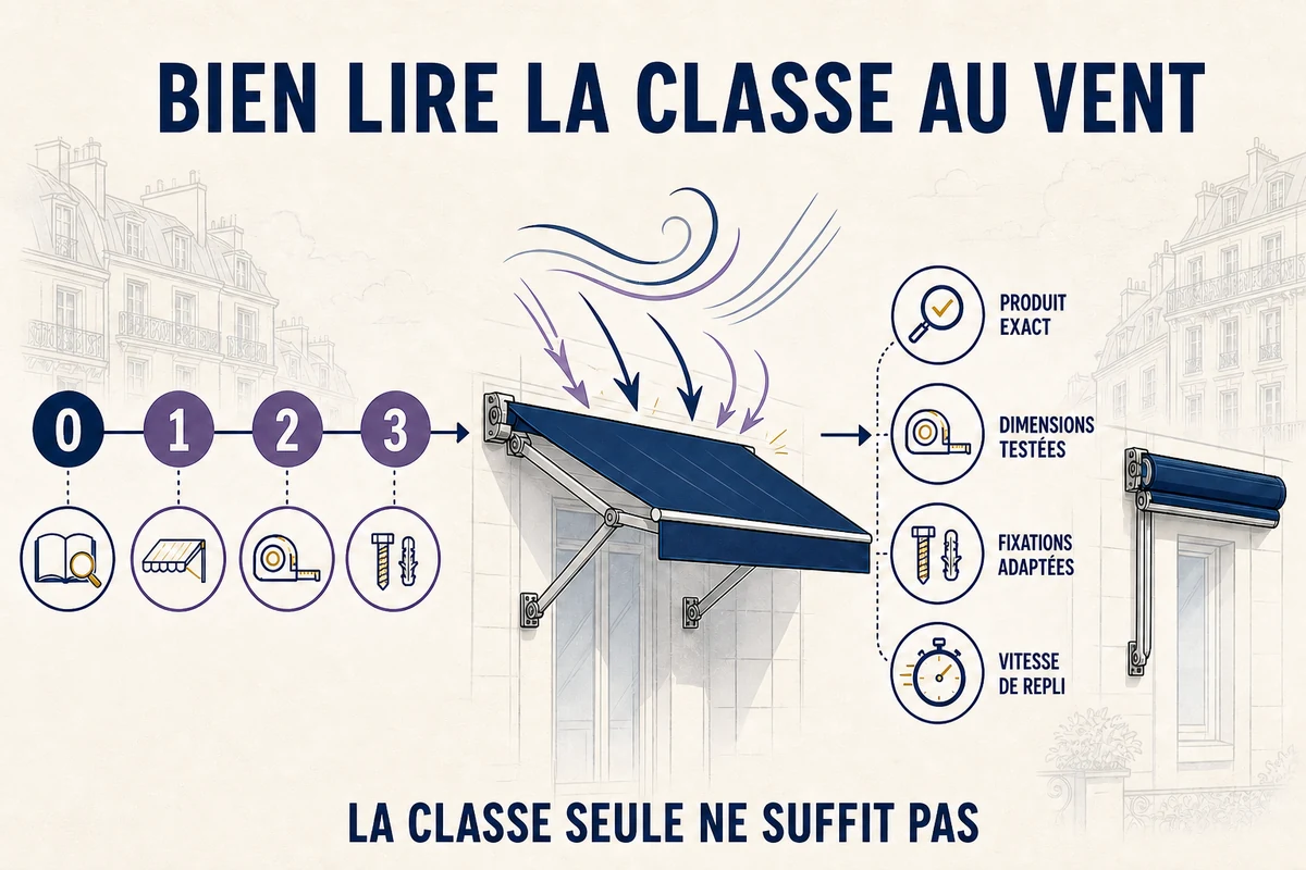 Infographie des vérifications à effectuer pour lire la classe au vent d’un store banne