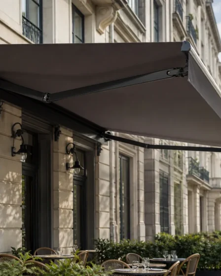 Store banne à bras articulés contrôlé avec un anémomètre devant une terrasse