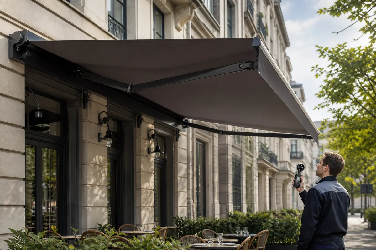 Store banne à bras articulés contrôlé avec un anémomètre devant une terrasse