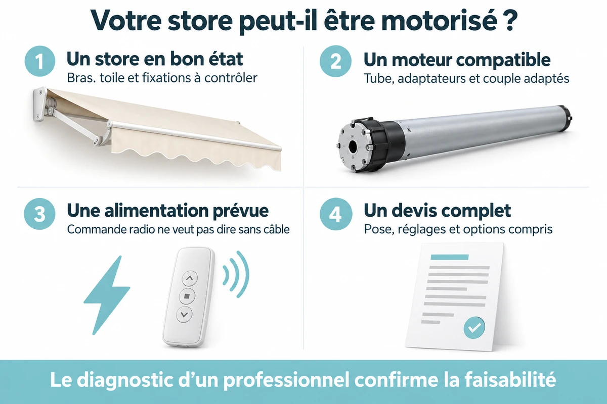 Quatre points à vérifier avant de motoriser un store banne, état du store, compatibilité du moteur, alimentation et devis