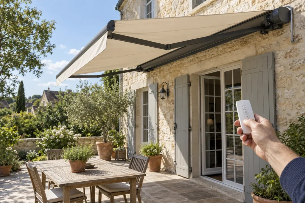 Store banne à toile beige sur une terrasse en pierre, commandé avec une télécommande tenue en main