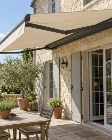 Store banne à toile beige sur une terrasse en pierre, commandé avec une télécommande tenue en main