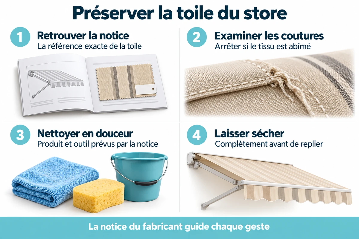 Quatre repères pour préserver la toile du store, retrouver la notice, examiner les coutures, nettoyer en douceur et laisser sécher