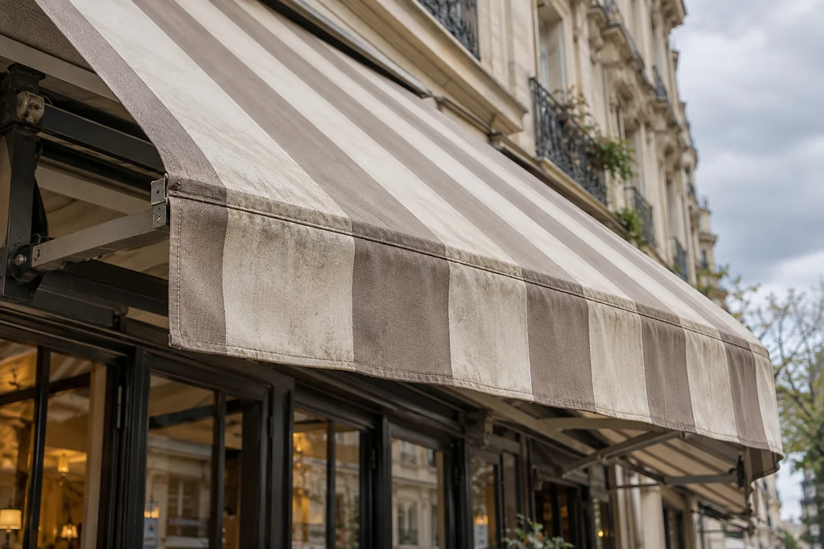 Toile rayée beige d’un store banne de café, avec des salissures visibles et des coutures en gros plan